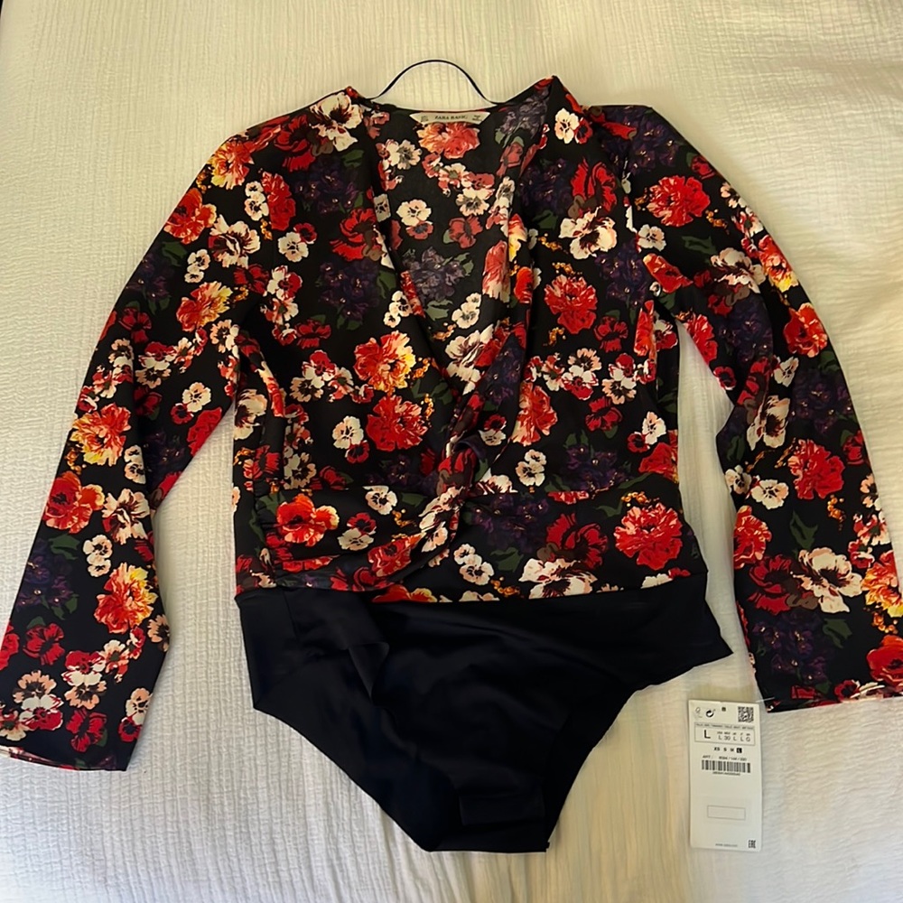 Zara floral long sleeve faux wrap front bodysuit size L NWT